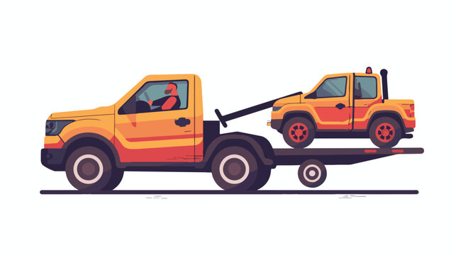 Tow truck with a driver carries a SUV car. Vector fla