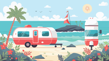Trailers caravan on weekend holiday. Summer sea lands - obrazy, fototapety, plakaty