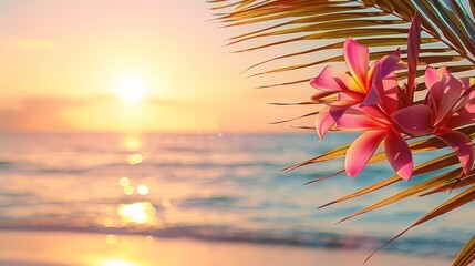 Fototapeta na wymiar A pink flower atop a palm tree, facing the ocean as the sun sets behind