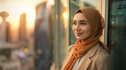 Successful middle eastern businesswoman standing in big city modern skyscrapers dreaming on new opportunities