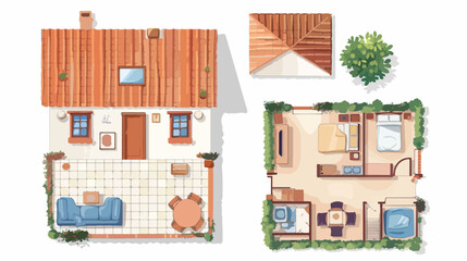 Small cottage. Facade and plan of rooms from above. Vector