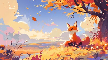 Naklejka premium 2d design of a fox cartoon set in the enchanting backdrop of the autumn season
