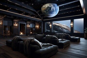 Galactic Home Theater Delights: Space-Themed Room, Surround Sound, Cozy Cinema Seats - obrazy, fototapety, plakaty