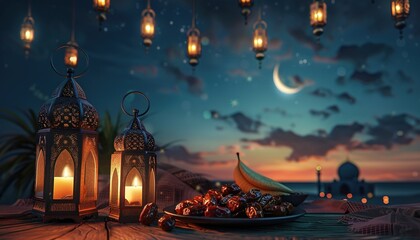 Fototapeta premium Ramadan dates on the table with Arabic lanterns. Created with Ai technology.