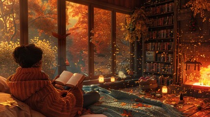 Cozy autumn evening indoors, a couple curled up with good books, soft knit sweaters, and the glow of a gentle fire, comfortable and intimate