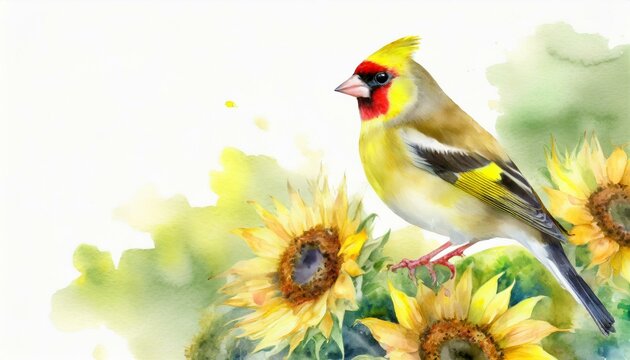 copy space image on isolated background with sunflowers surrounding an American Goldfinch in a watercolor painting