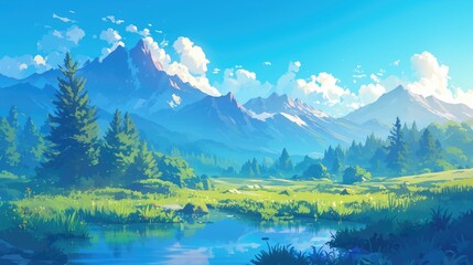 Obraz premium A serene morning mountain scene depicted in a stunning 2d image of a natural backdrop