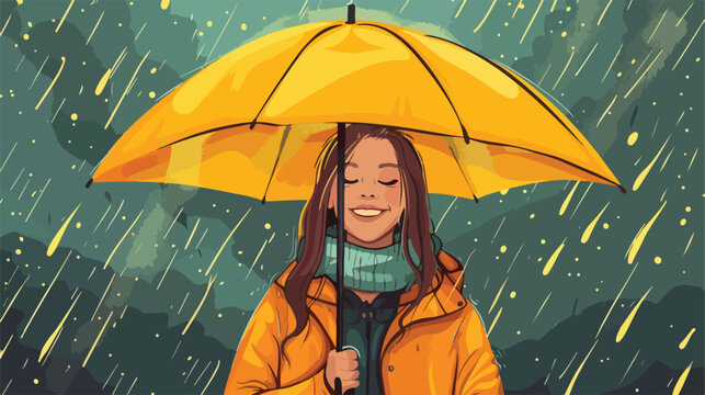 Smiling girl with umbrella posing under the rain.