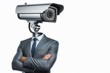 Man with a head cctv city street security camera isolated on white background