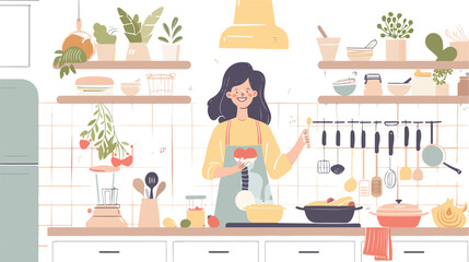 Smiling woman cooking food in the kitchen. Vector fla