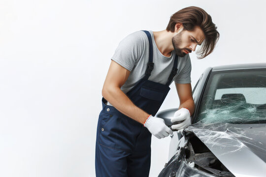 man checking car damages after car accident isolated on white background copy space