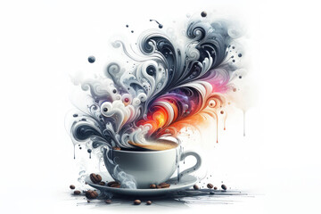 cup full of expresso coffee with smoke on a white background - obrazy, fototapety, plakaty