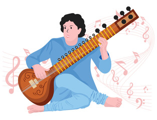 Woman playing sitar - Musical rock band illustration