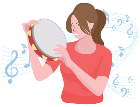 woman playing red tambourine with musical notes clip art preview