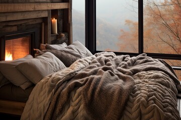 Knitted Throw Blanket Delight: Cozy Mountain Lodge Bedroom Inspirations with Textured Layers