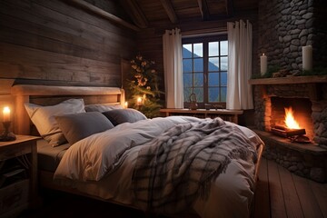 Rustic Wooden Bed Haven: Cozy Mountain Lodge Bedroom Inspirations with Warm Blankets
