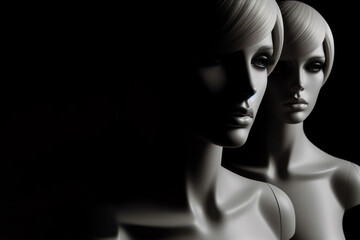 mannequin heads isolated on dark black background