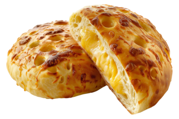 Split open cheese bread roll with melting cheese isolated on transparent background
