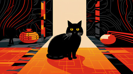 Mysterious Black Cat in a Stylish Room with Vibrant Red and Orange Tones