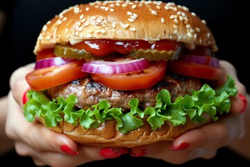Fresh Hamburger With Tomatoes, Onions, Lettuce, and Ketchup
