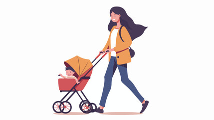 Smiling young woman walking with baby stroller isolated