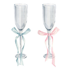 Two glasses of champagne with a bow. Watercolor illustration hand drawn on white background