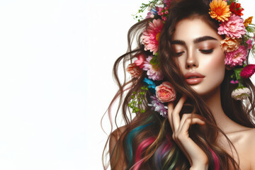 Naklejka premium Woman with colorful flowers in her long hair, love and emotion concept isolated on white background
