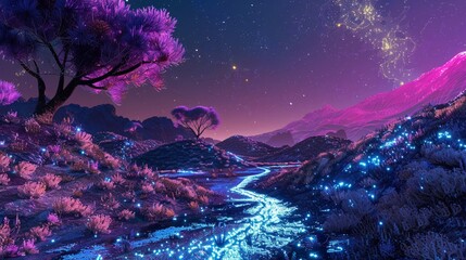 Fototapeta na wymiar Virtual landscape featuring futuristic terrain, neon rivers and metallic trees under a binary star system, otherworldly and vibrant