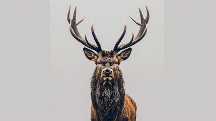   A deceasely close-up of a deer's head, adorned with massively large antlers, set against a gray backdrop of the sky