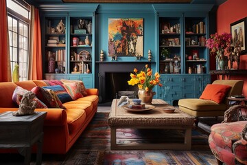 Fototapeta na wymiar Eclectic Bazaar Themed Living Room: Mixed Textures & Colorful Palette Inspirations