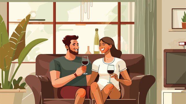 Smiling couple drinking a glass of red wine in their