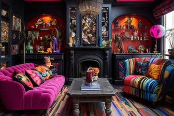 Fototapeta na wymiar Eclectic Bazaar Living Room: Unique Furniture Pieces, Bold Color Palette & Funky Decor Ideas