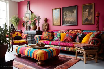 Eclectic Bazaar Living Room Design: Unique Furniture, Vibrant Patterns, Eclectic Style Artistry