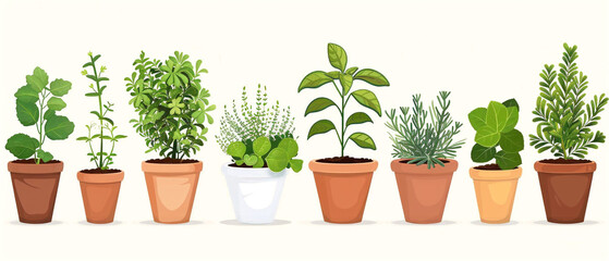 Assorted herbs in pots in various sizes and styles, showcasing a vibrant green color palette.