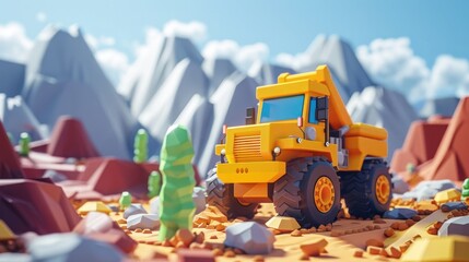 Obraz na płótnie Canvas Toy Excavator Exploring Rugged Mountain Landscape for Potential Geological Discoveries and Mining Prospects