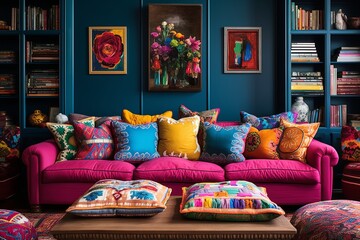 Eclectic Bazaar Living Room Inspirations: Vibrant Throw Pillows, Mixed Patterns & Unique Furniture