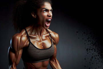 Naklejka premium muscular woman with tense muscles and screaming copy space on a dark background