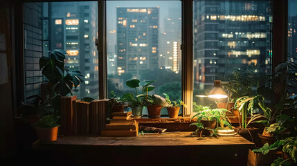View from a plant-cluttered desk out a window into a rainy city