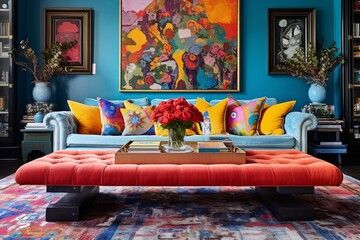 Vibrant Rugs, Eclectic Artwork, and Bold Furniture: Colorful Living Room Ideas for an Eclectic Bazaar Theme