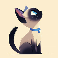 Siamese cat with a blue collar sits and looks up