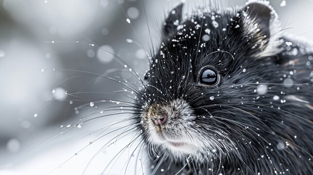   A rodent up-close in the snow, snowflakes dotting its fur, background softly blurred