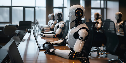 Obraz premium A robot working in the office at the computer