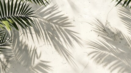Palm tree leaves casting shadows on a white concrete wall.