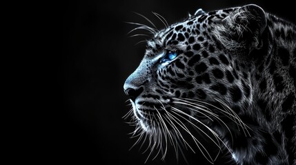   A black-and-white image of a leopard's face with a blue spotlight illuminating its left eye - obrazy, fototapety, plakaty