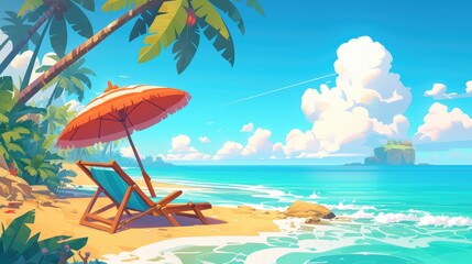 A delightful summer scene unfolds on the tropical beach capturing a beach chair and umbrella nestled along the shore in a charming cartoon 2d design embodying the essence of a perfect summer