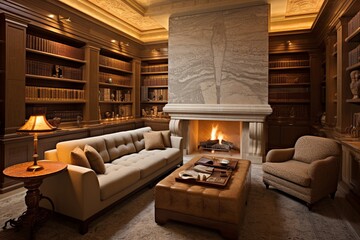 Limestone Fireplace Mantel & Embossed Leather Sofas in the Grand Library of Alexandria Study Room