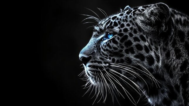   A black-and-white image of a leopard's face with a blue spotlight illuminating its left eye