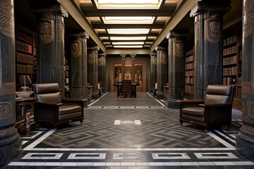 Grand Library of Alexandria Study Room: Pharaoh Crown Molding & Basalt Floor Tiles Elegance - obrazy, fototapety, plakaty