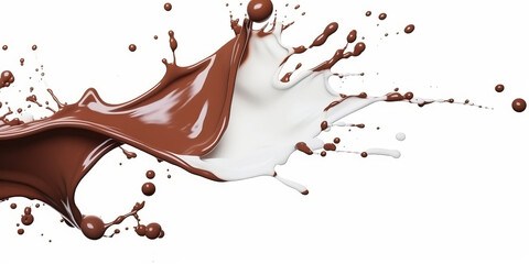 Splash of chocolate and white milk flow mixed on white background	
 - obrazy, fototapety, plakaty