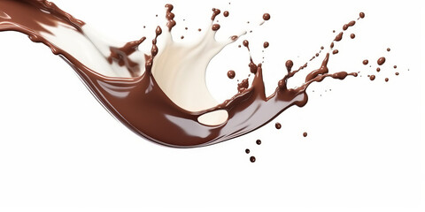 Splash of chocolate and white milk flow mixed on white background	
 - obrazy, fototapety, plakaty